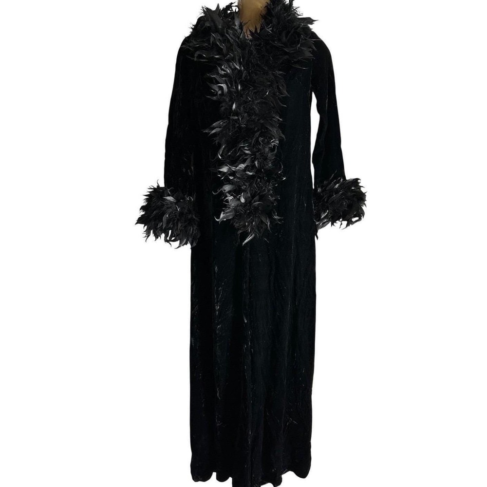 70s Vintage Black Velvet Feather Trim Jumpsuit Glam Rock Studio 54 Size 10